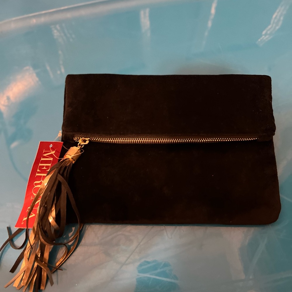 Merona Black Suede Clutch with Gold Tassel